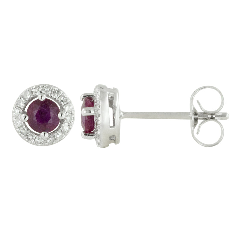 14k White Gold Ruby & Diamond Halo Earrings