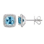 14k White Gold Cushion Blue Topaz & Diamond Earrings