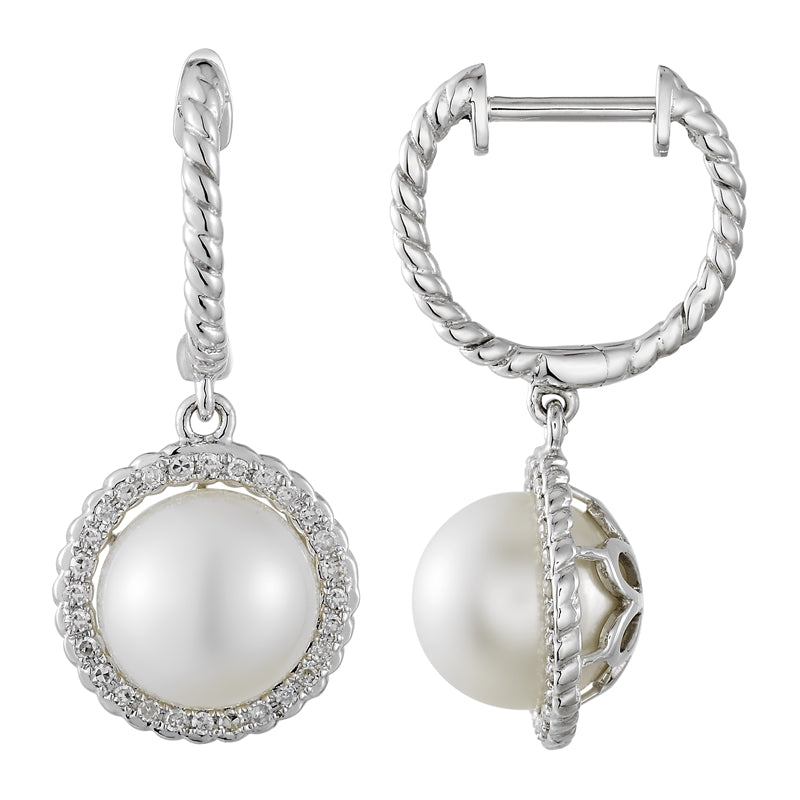 14k Gold Pearl & Diamond Halo Flower Earrings
