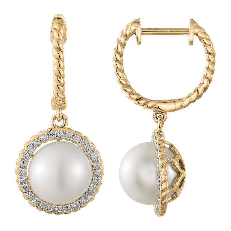 14k Gold Pearl & Diamond Halo Flower Earrings
