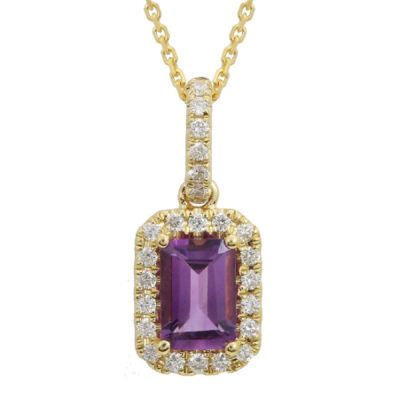 14k Yellow Gold Emerald Cut Amethyst & Diamond Halo Necklace