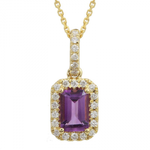 14k Yellow Gold Emerald Cut Amethyst & Diamond Halo Necklace