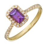 14K Yellow Gold, Emerald Cut Amethyst, Diamond Halo Ring