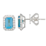14K Gold Emerald Cut London Blue Topaz & Diamond Halo Studs