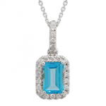 14k Gold Emerald Cut London Blue Topaz & Diamond Halo Necklace