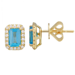 14K Gold Emerald Cut London Blue Topaz & Diamond Halo Studs