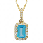 14k Gold Emerald Cut London Blue Topaz & Diamond Halo Necklace