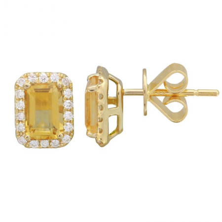 14k Yellow Gold Emerald Cut Citrine & Diamond Halo Stud Earrings