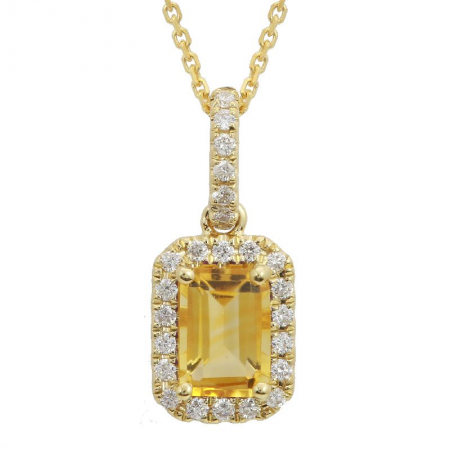 14k Yellow Gold Emerald Cut Citrine & Diamond Halo Necklace