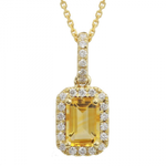 14k Yellow Gold Emerald Cut Citrine & Diamond Halo Necklace