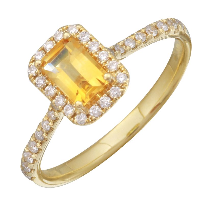 14k Yellow Gold Emerald Cut Citrine & Diamond Ring