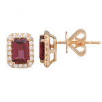 14k Gold Emerald Cut Garnet & Diamond Halo Stud Earrings