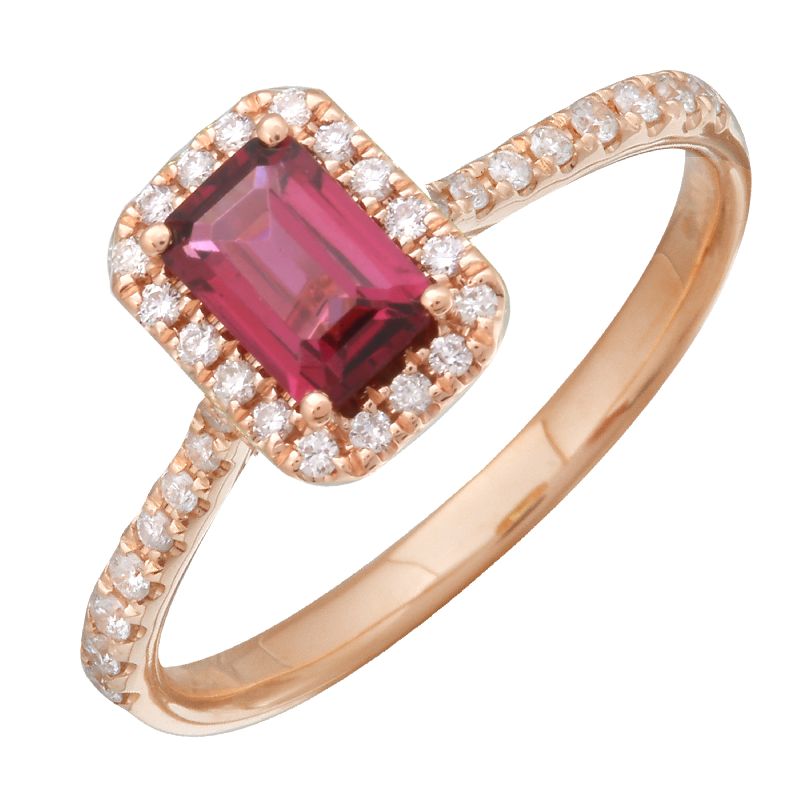 14k Rose Gold Emerald Cut Garnet & Diamond Halo Ring