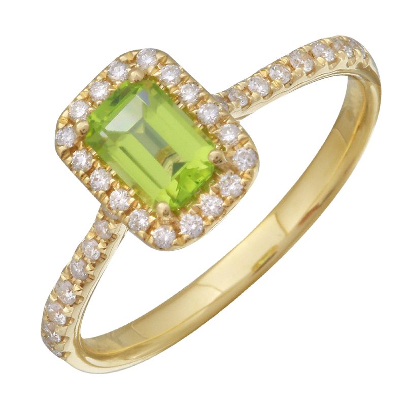 14k Yellow Gold Emerald Cut Peridot & Diamond Halo Ring