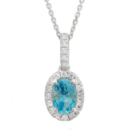 14k Gold Oval Blue Topaz & Diamond Halo Necklace