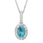 14k Gold Oval Blue Topaz & Diamond Halo Necklace