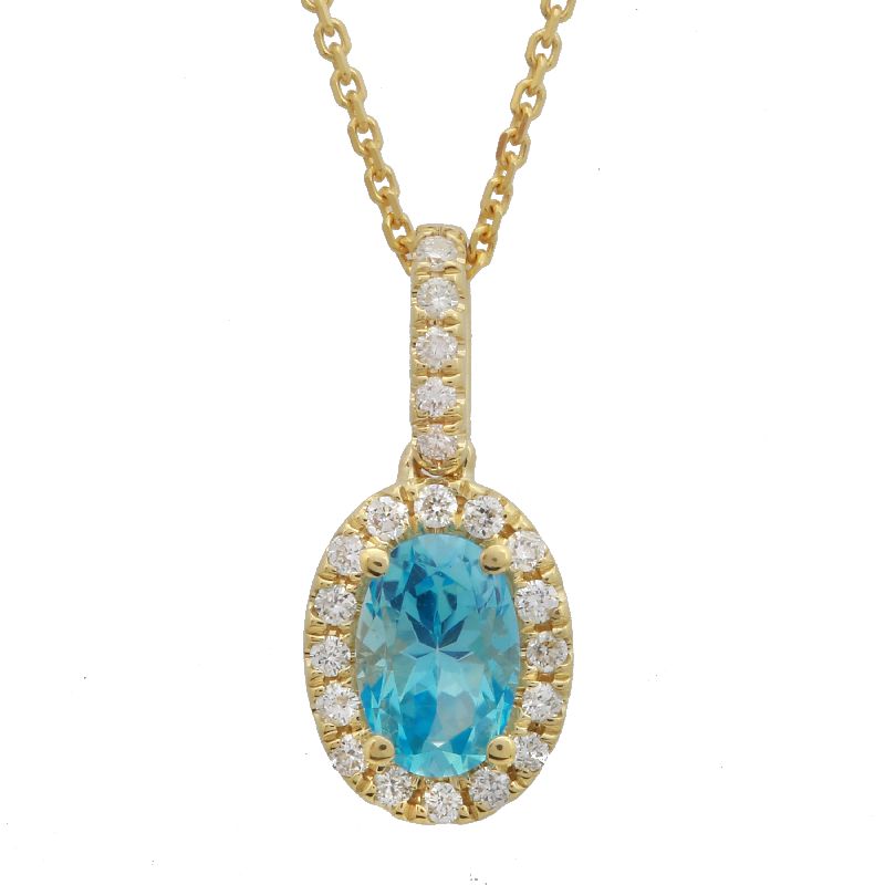 14k Gold Oval Blue Topaz & Diamond Halo Necklace
