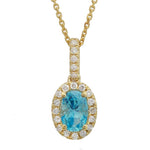 14k Gold Oval Blue Topaz & Diamond Halo Necklace