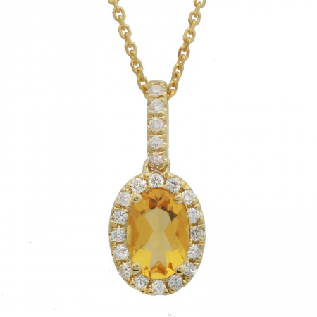 14k Yellow Gold Citrine & Diamond Halo Necklace