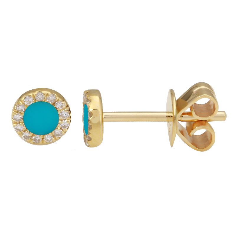 14k Yellow Gold Circle Turquoise & Diamond Studs