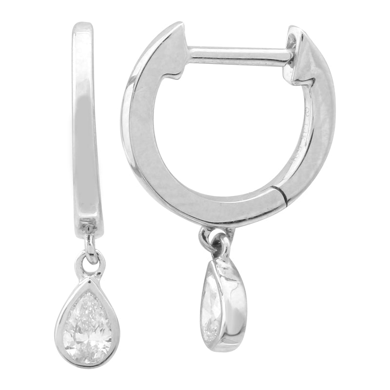 14K Pear Bezel Diamond Dangle Huggies