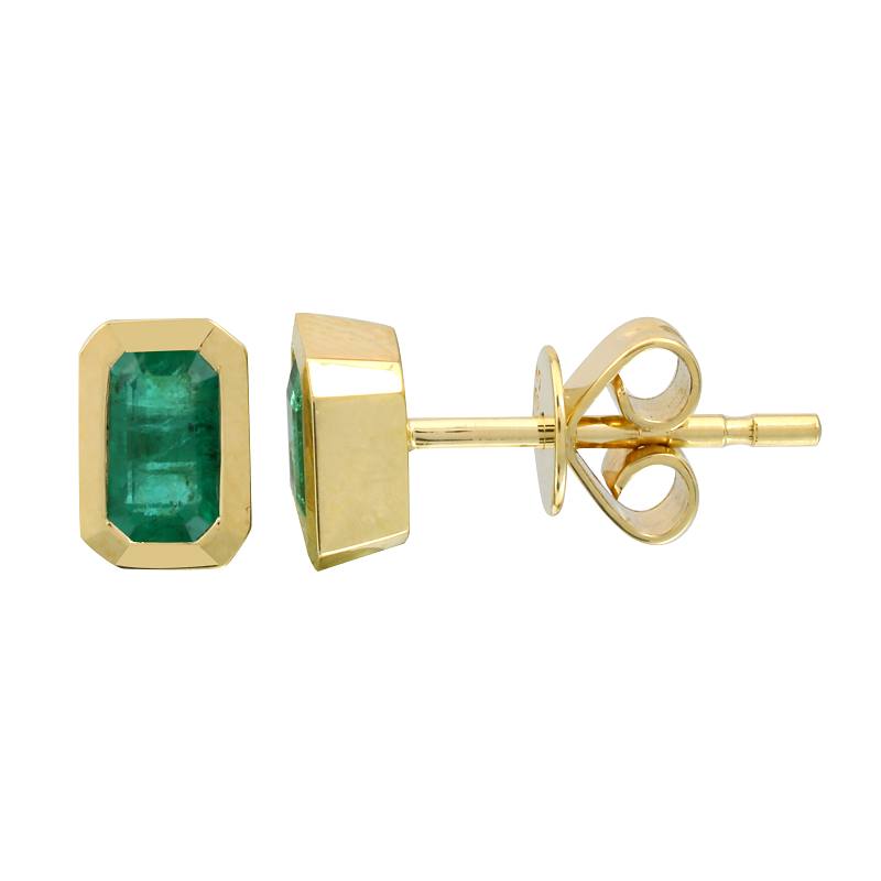 14k Yellow Gold Bezel Emerald Stud Earrings