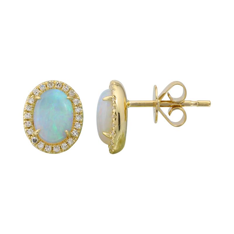 14K Yellow Gold Opal & Diamond Halo Earrings