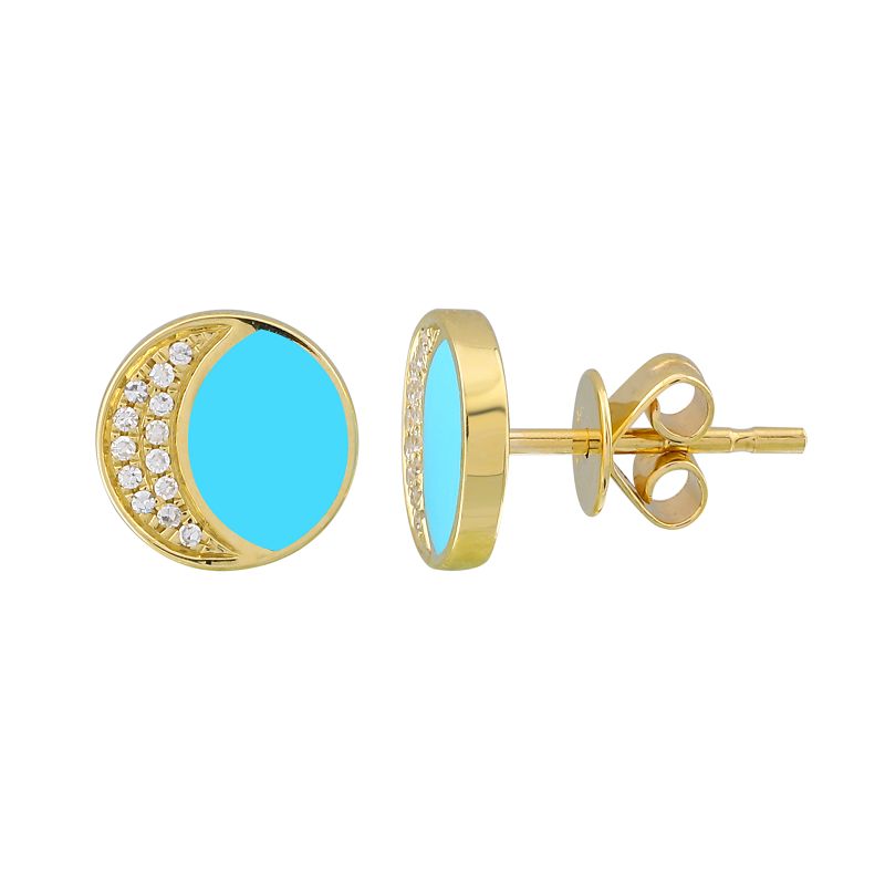 14k Yellow Gold Moon Shape Enamel & Diamond Studs
