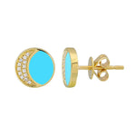 14k Yellow Gold Moon Shape Enamel & Diamond Studs