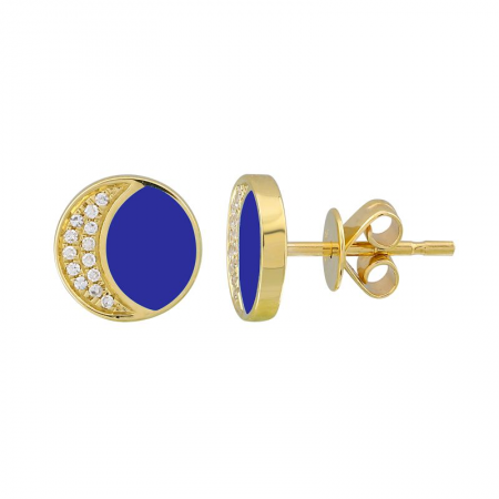 14k Yellow Gold Moon Shape Enamel & Diamond Studs