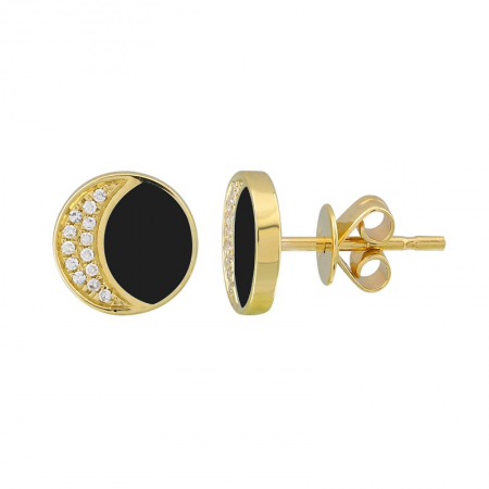 14k Yellow Gold Moon Shape Enamel & Diamond Studs