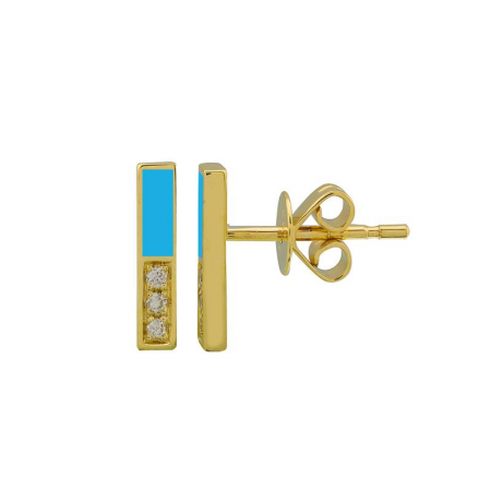 14k Yellow Gold Half Enamel & Half Diamond Bar Studs