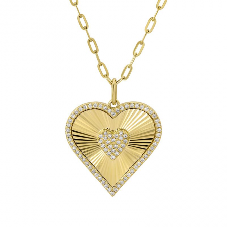 14k Yellow Gold Fluted Double Heart Diamond Necklace