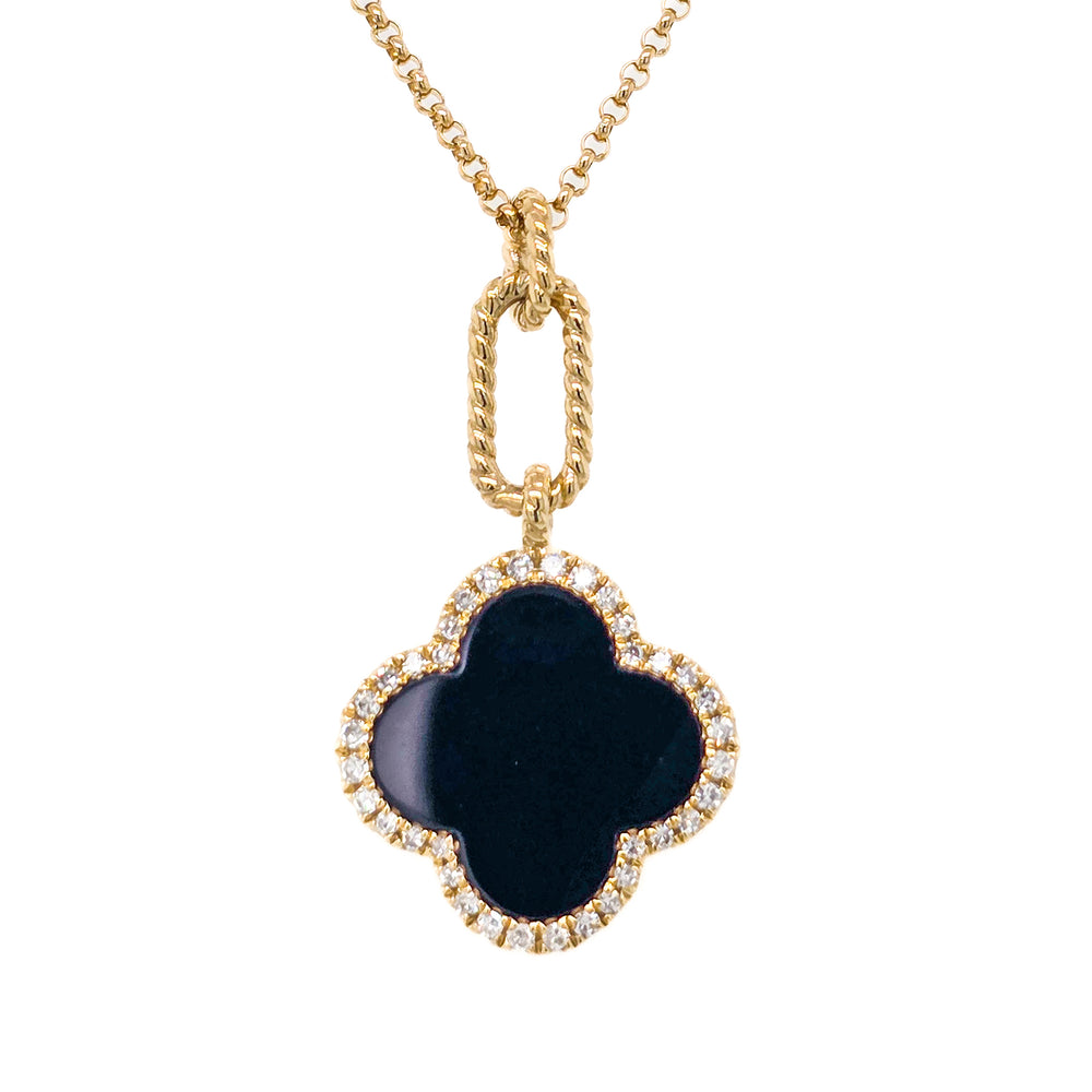 14K Yellow Gold, Diamond, & Onyx Clover Necklace