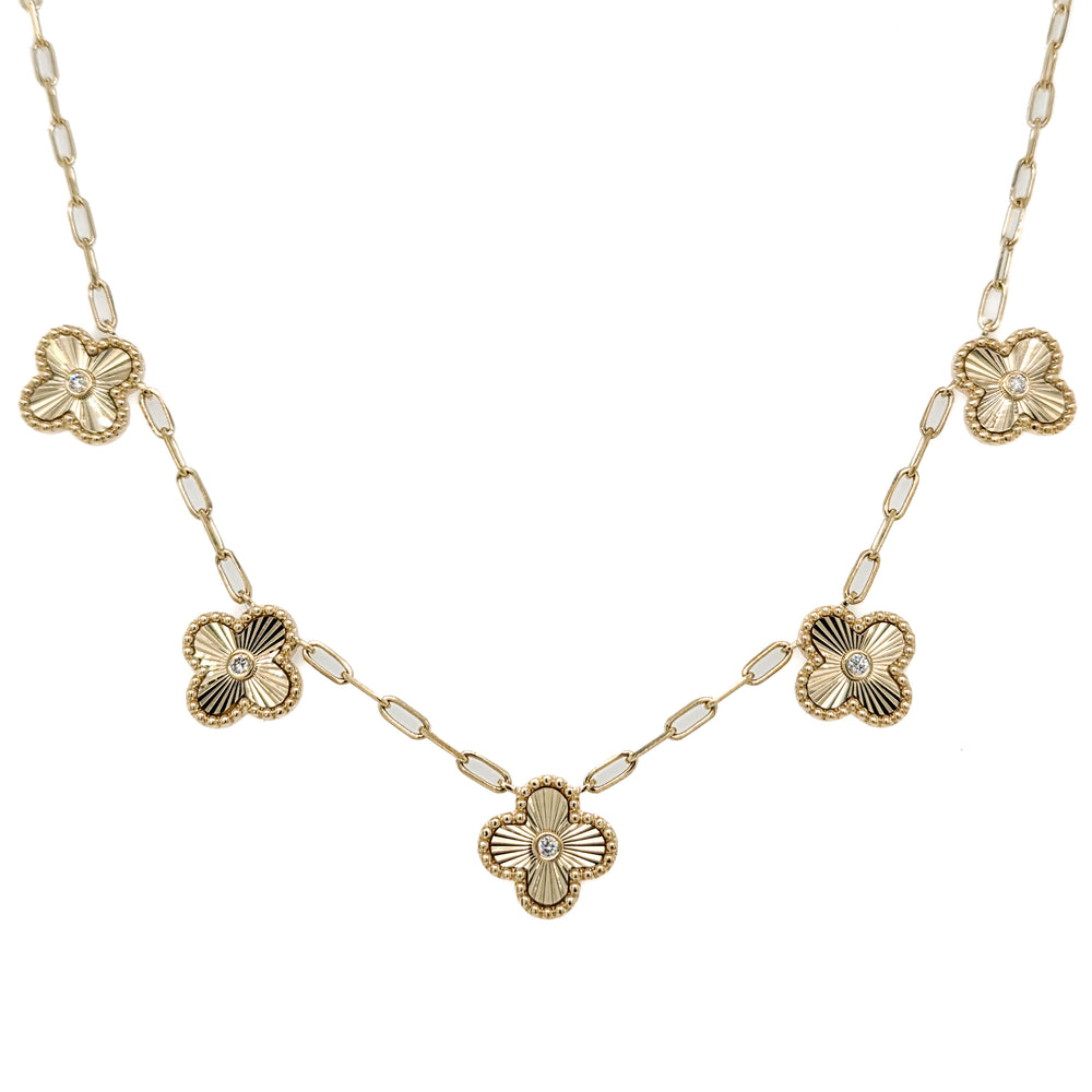 14K Yellow Gold & Diamond Fluted 5 Clover Necklace