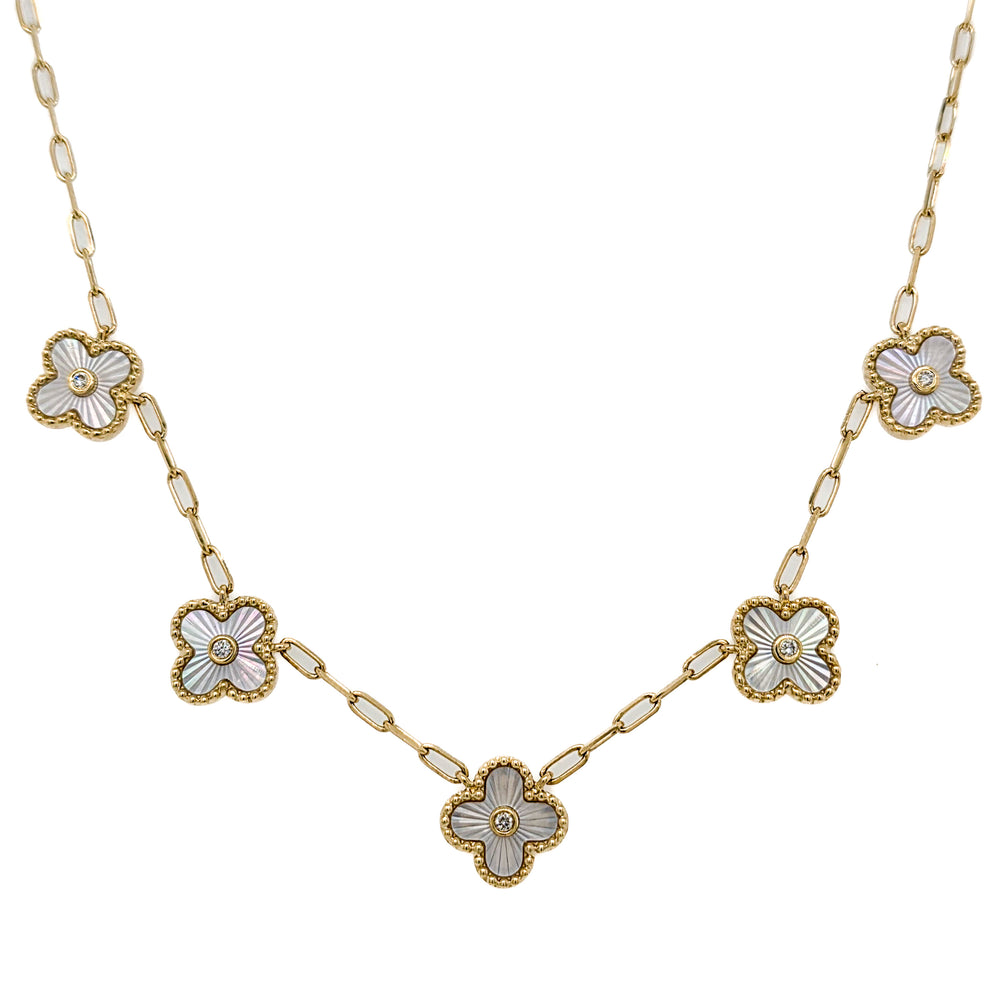 14K Yellow Gold, Diamond, & Mother of Pearl Fluted 5 Clover Necklace