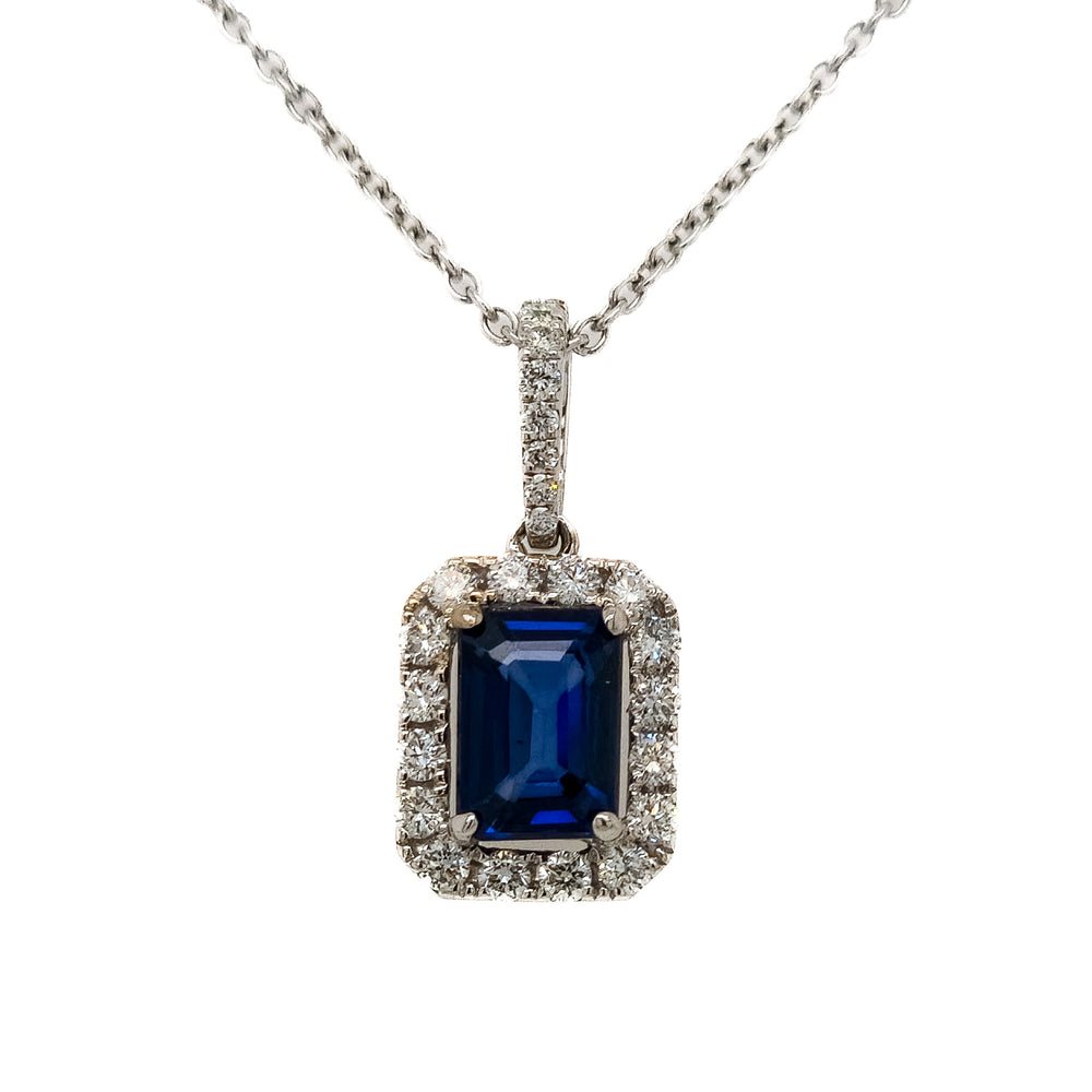 18K White Gold, Diamond, & Sapphire Halo Necklace