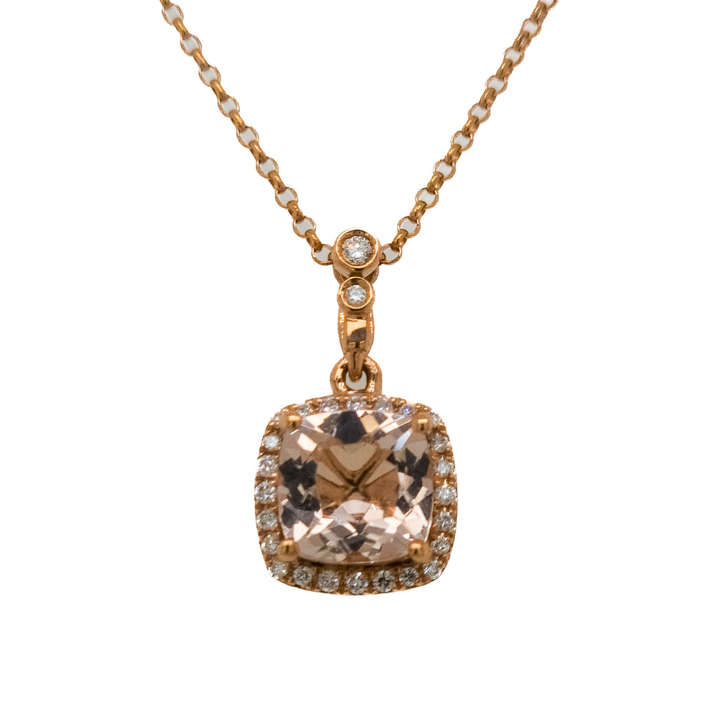 14K Rose Gold Cushion Morganite Diamond Halo Pendant