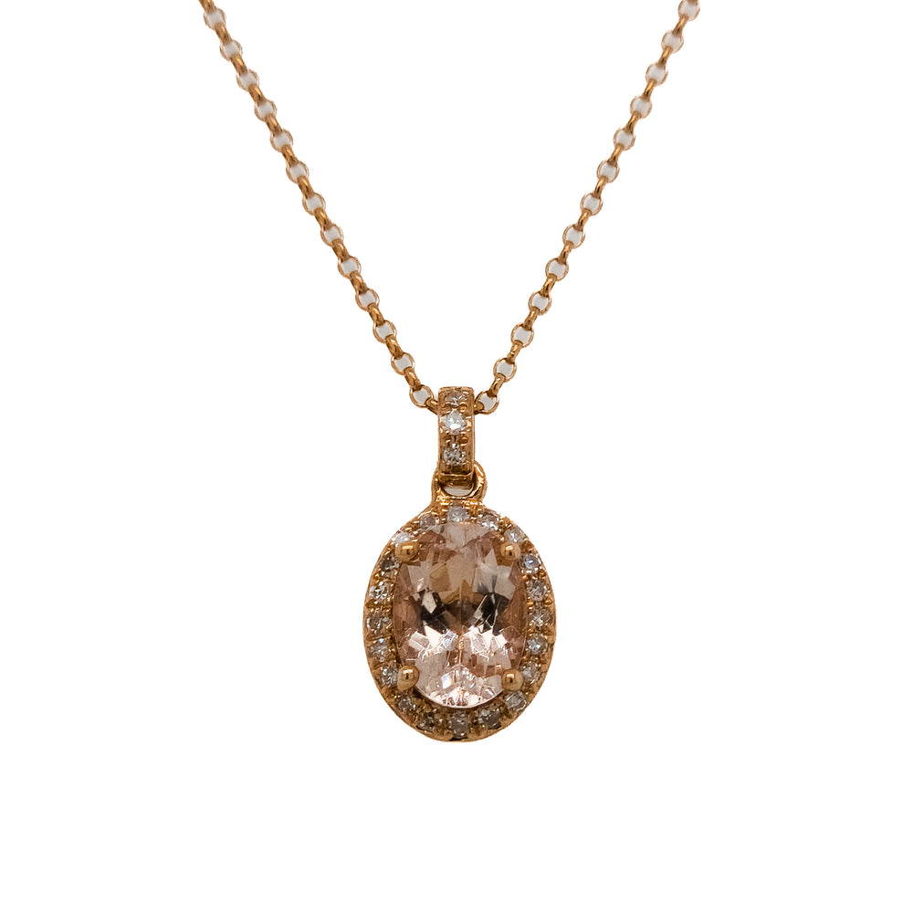 14K Rose Gold, Diamond, & Morganite Halo Pendant