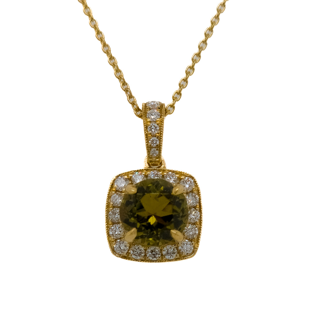 18K Yellow Gold, Green Tourmaline, & Diamond Halo Pendant