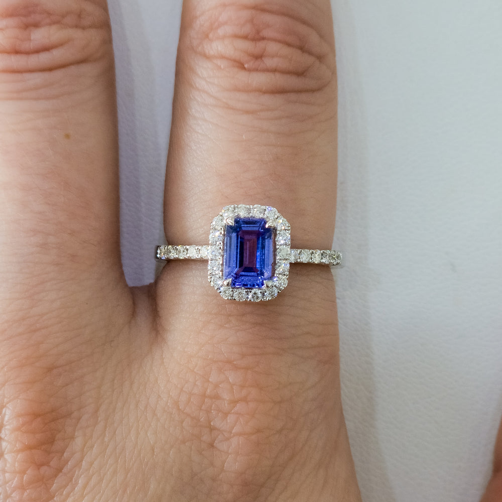 18K White Gold, Tanzanite, & Diamond Halo Ring