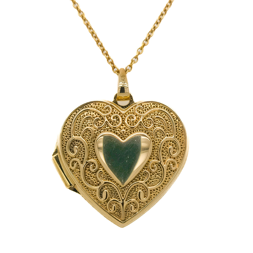 14K Yellow Gold Embossed Heart Locket Necklace