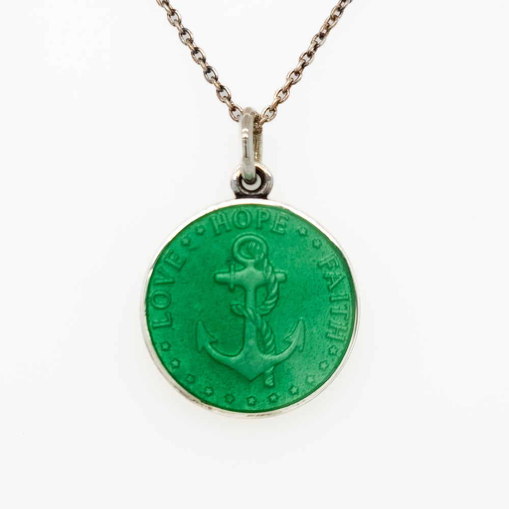 Sterling Silver & Green Enamel "Love, Hope, Faith" Anchor Pendant