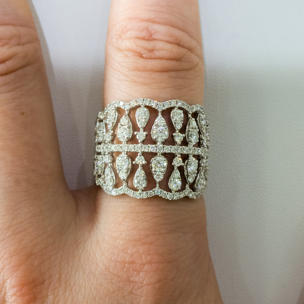 18K White Gold Intricate 5 Row Diamond Teardrop Ring