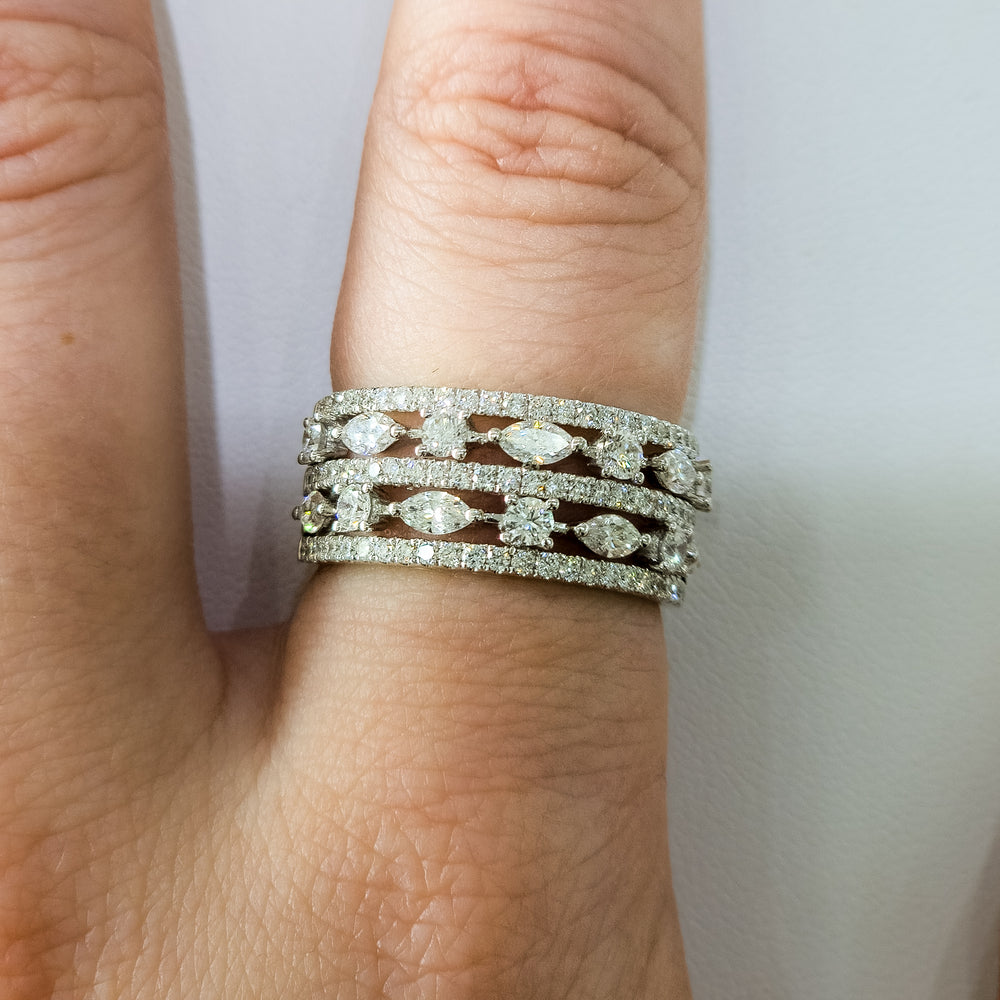 18K White Gold 5 Band Marquise & Round Diamond Ring