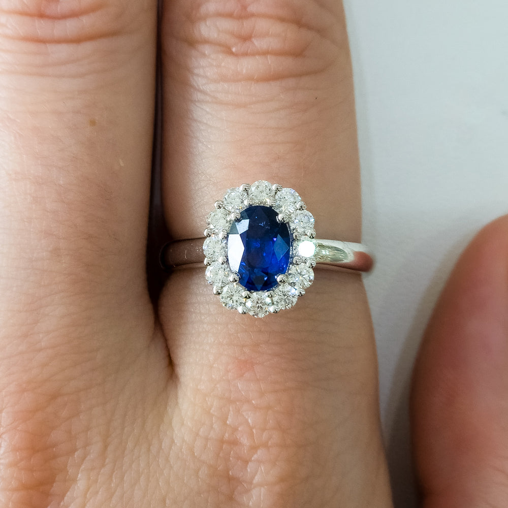 18K White Gold, Sapphire, & Diamond Halo Ring
