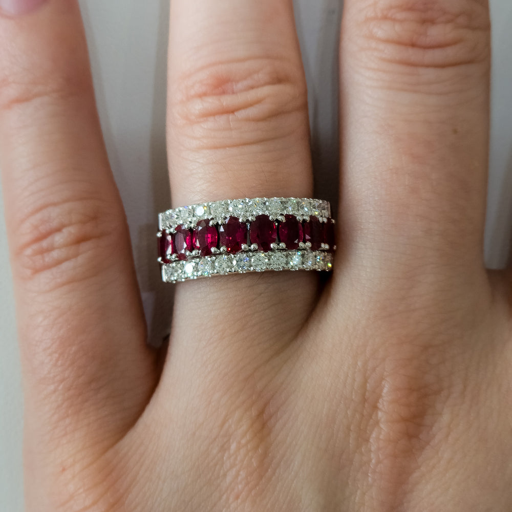 18K White Gold 3 Row Diamond & Ruby Band