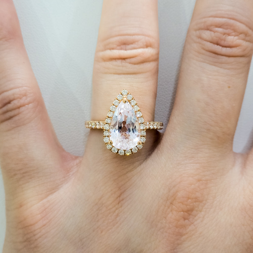 14K Rose Gold, Kunzite, Diamond Pear Halo Ring – Johnsen Diamond