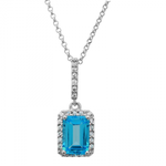 14k White Gold Emerald Cut Blue Topaz & Diamond Halo Necklace