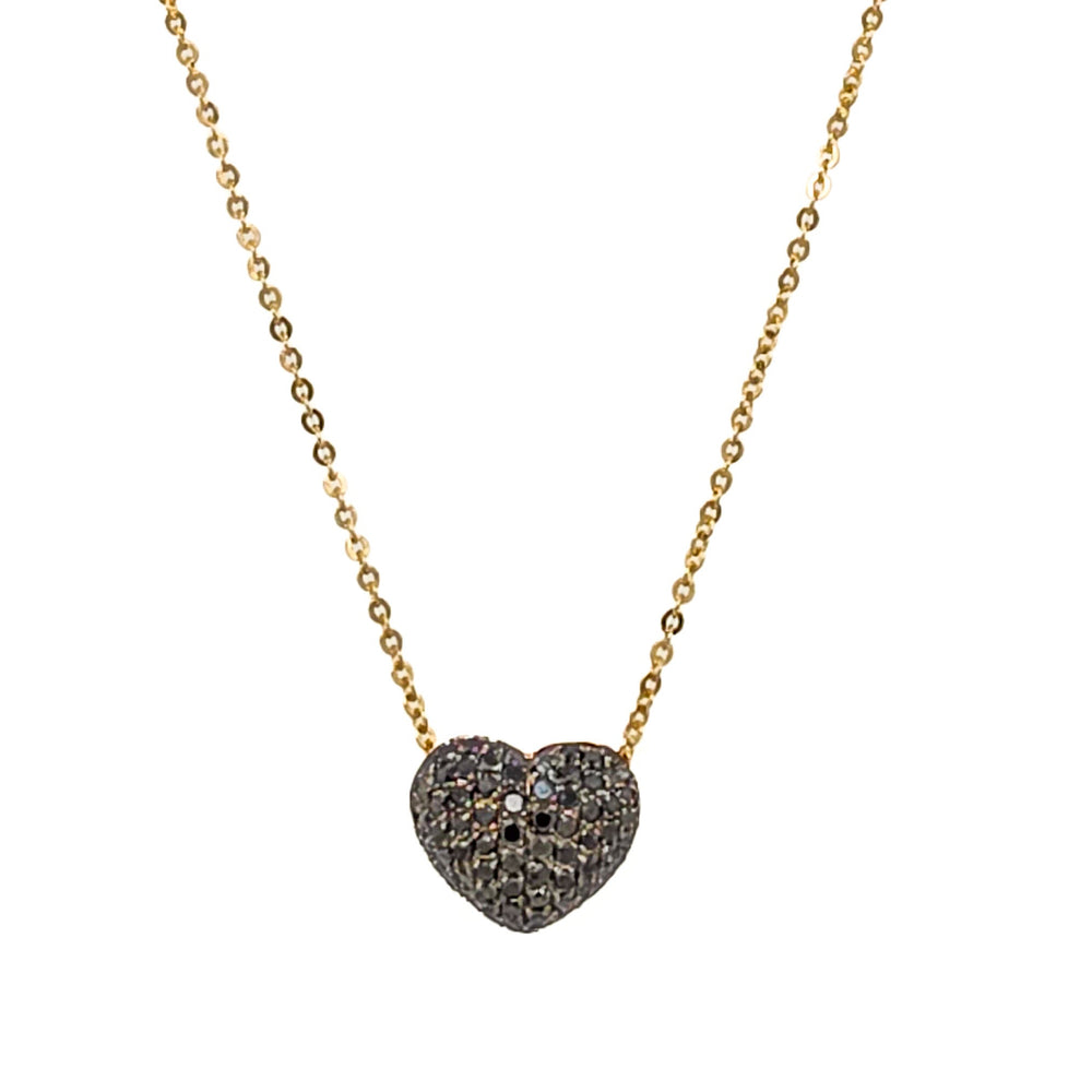ESTATE 18K Yellow Gold & Black Diamond Pave Heart Necklace